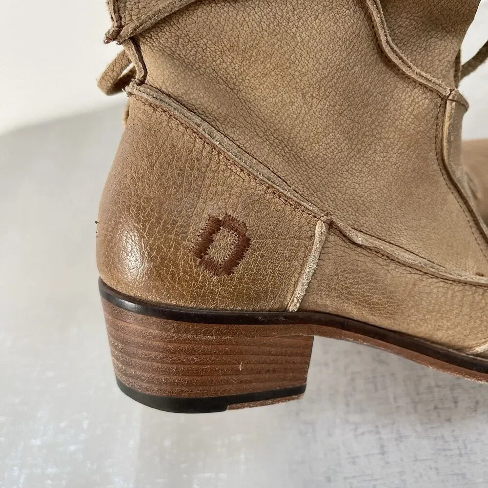 Tan Genuine Leather Whipstitch Western Ankle Boots Boho Festival Women's 7‎ M